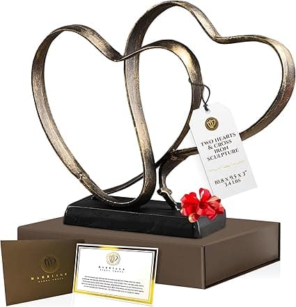 Wedding Anniversary Couples Gift - Two Hearts and Cross Iron Sculpture, Heart Decoration Gift for Her and Him, 1st to 50th or 60th Anniversary, Includes Present Box and Poem Card - Image 1