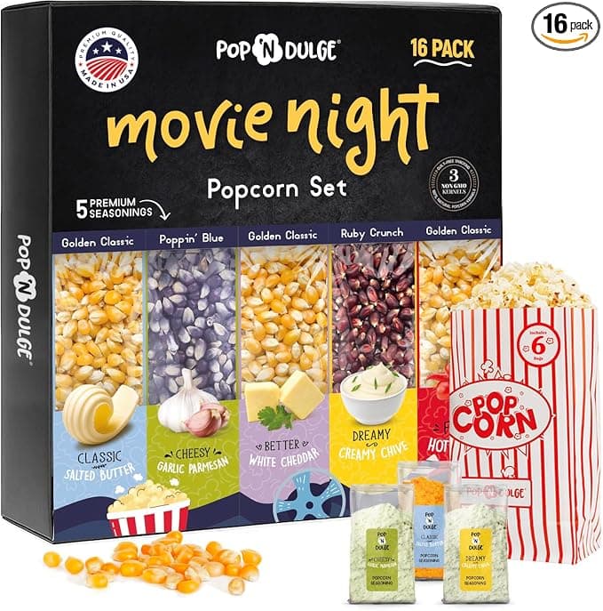 Pop n' Dulge Popcorn Movie Night Supplies 16 pcs Gift Set, 5 Gourmet Popcorn Kernels, 5 Seasoning Variety Packs Non-GMO Kosher Snacks, Great Housewarming Family Date Night Gifts Basket Ideas For Him Her - Image 1