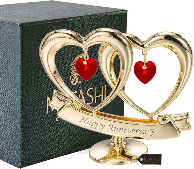 Matashi 24K Gold Plated "Happy Anniversary" Double Heart Table Top Ornament With Red-Cut Crystals - Image 1